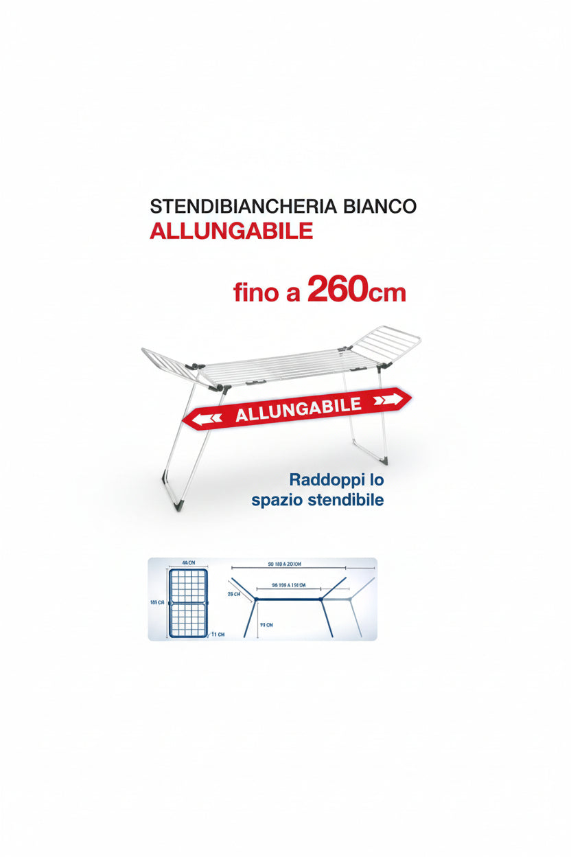 Stendibiancheria Allungabile Bianco 110-260cm | 26m Stenditura | Altezza Ergonomica