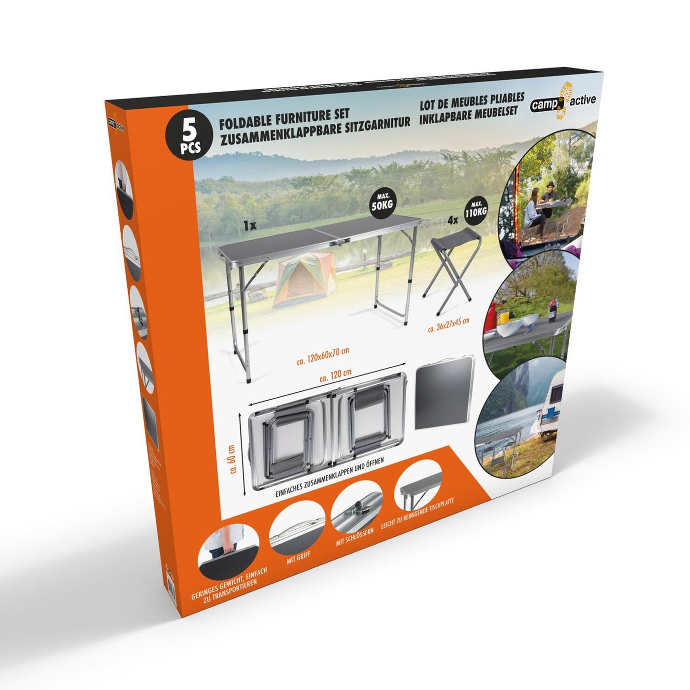 Set Tavolo Pieghevole 5in1 con 4 Sedie | Altezza Regolabile 3 Livelli | Campeggio, Picnic, Giardino | Nero