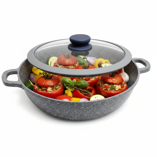 Wok in Pietra Vulcanica 32cm con Coperchio - Rivestimento Stone - Fondo Induzione - Manici Silicone
