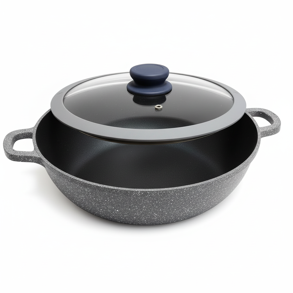 Wok in Pietra Vulcanica 32cm con Coperchio - Rivestimento Stone - Fondo Induzione - Manici Silicone