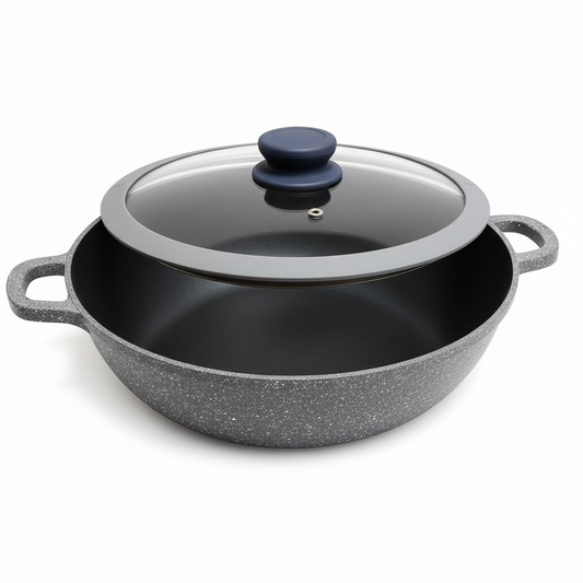 Wok in Pietra Vulcanica 32cm con Coperchio - Rivestimento Stone - Fondo Induzione - Manici Silicone