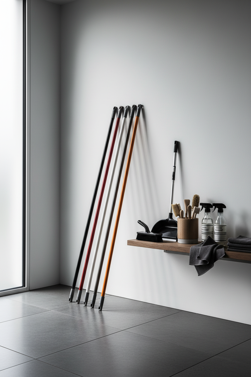 Utility room minimalista con manici colorati