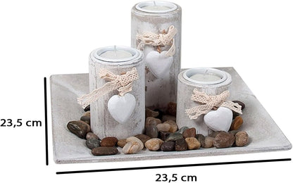 Vassoio Portacandele Legno 3 Cuori con Ciottoli 23x23 cm - Decorazione Romantica