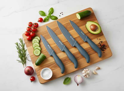 Vista dall'alto ingredienti e coltelli