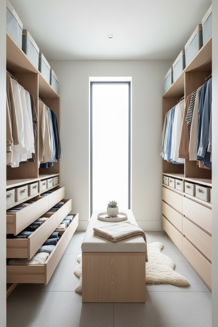 Walk-in closet con cassetti organizzati